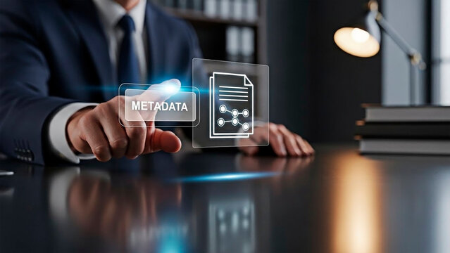A businessman interacting with digital metadata in a modern office setting.
