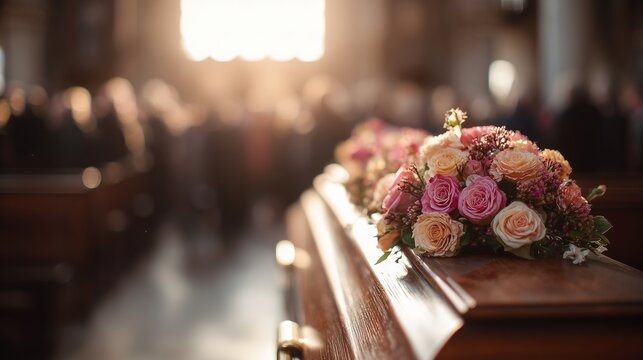 Floral arrangement on coffin at funeral. Close-up of bouquet with pink and white roses on polished casket, blurred mourners in background, indoor farewell ceremony.