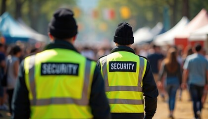 Fototapeta premium Two security guards in high visibility vests observe festival crowds. They ensure public safety at an outdoor event. Their presence provides protection and order.