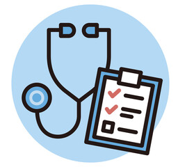 聴診器とチェックリストのアイコン。診療や診察のイメージ。医療、健康、病院の素材。Stethoscope icon.