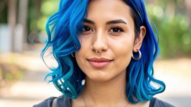 Junge Frau mit blauen Haaren und Piercings