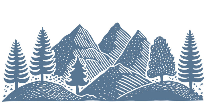 Linocut black and white linocut landscape of mountains and pine trees.