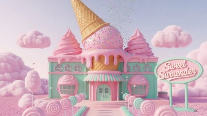 Fototapeta premium Whimsical ice cream shop building in surreal pastel dream landscape