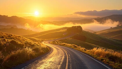 Road disappearing into foggy hills, leading lines, golden hour soft light