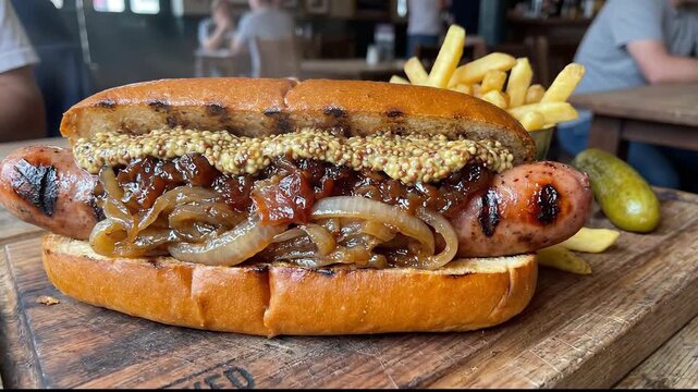 Gourmet Hot Dog with Caramelized Onions Mustard and Fries.