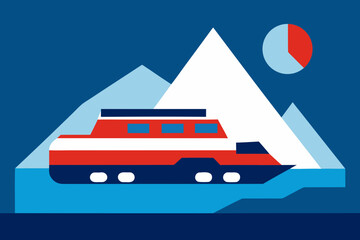 Boat sailing past icebergs with pie chart in sky ship