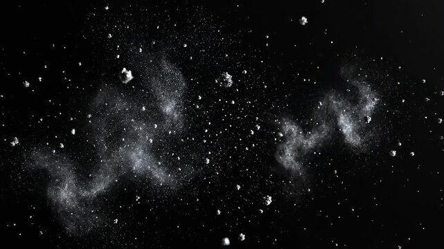 Floating cosmic dust field. A wide minimalist space composition featuring cosmic dust particles slowly floating and shimmering in zero gravity.