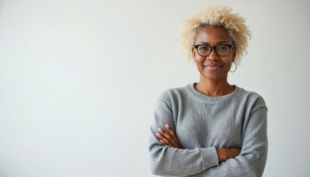 Smiling black woman wears glasses and grey sweater. She stands with arms crossed against a white background, looking confidently at the camera.