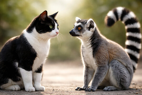 Hachiware cat and ring-tailed lemur gazing at each other with curiosity