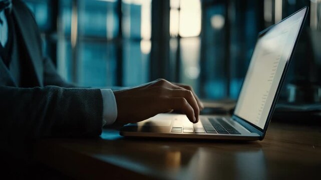 Medium shot of a professional encrypting sensitive data on a laptop emphasizing secure digital communication and privacy protocols in a modern office setting.