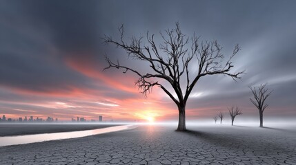 A sunset highlights a dry landscape with dead trees and a distant city skyline while a river flows through
