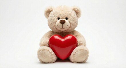 Obraz premium Adorable Fluffy Teddy Bear Holding Large Red Heart Isolated on White Background