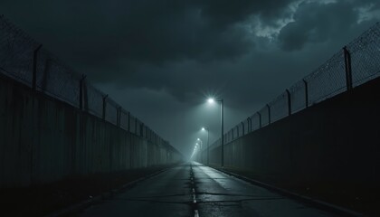 Obraz premium Dark empty road between high concrete walls topped with barbed wire fences at night. Streetlights illuminate foggy path, suggesting restricted dangerous area. Atmosphere ominous, secluded, ideal for