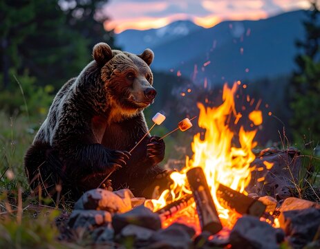 A large brown bear roasts marshmallows over a campfire, illuminated by flames and a sunset. Majestic mountains are in the background