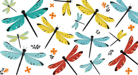 Obraz premium Colorful dragonfly seamless pattern with floral elements and decorative insects for summer nature background design illustration