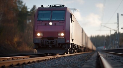Fototapeta premium Freight train on railway at dusk, powerful locomotive leading cargo cars for logistics and industry, moody travel scene with autumn tones and motion