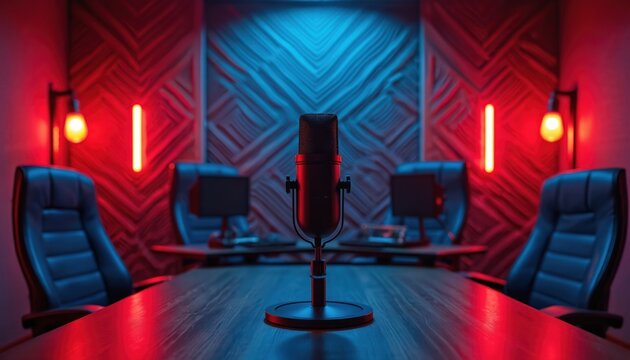Modern podcast studio with microphone and chairs. Neon lights create dynamic ambiance for content creation and broadcasting. Professional setup ready for recording sessions.