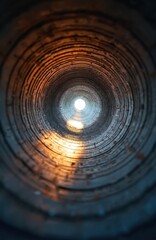 Fototapeta premium View inside large rusty iron sewer pipes leading to light. Industrial metal tubes with circular pattern create abstract background texture for construction or drainage themes.