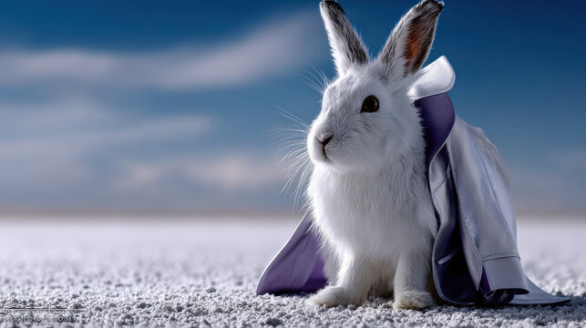 Surreal snow hare white rabbit glossy fashion coat frost plain winter landscape fantasy animal blue sky fluffy fur stylish cloak creative portrait magical rabbit posing frosty ground clear blue