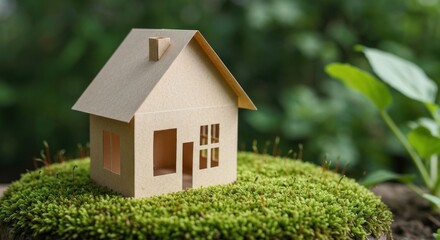 A miniature paper house sits atop a patch of moss, amidst blurred green foliage