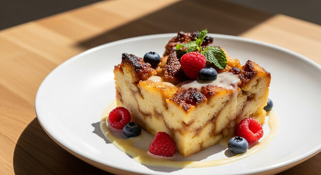 Delicious bread pudding dessert with fresh berries and syrup on a white plate.