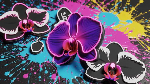 Abstract floral orchid flower design with vibrant paint splashes and colorful paint splatter