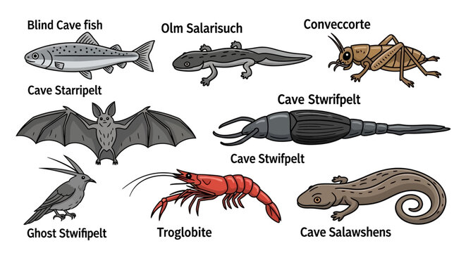 Illustration of various cave-dwelling creatures and their labels