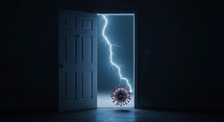 A white door opens to a storm, revealing a virus