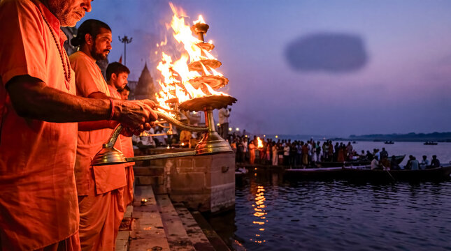 Ganga Aarti ceremony in Varanasi with fire lamps at night river Ganges landscape background hindu religion culture copy space spirituality peace mystic