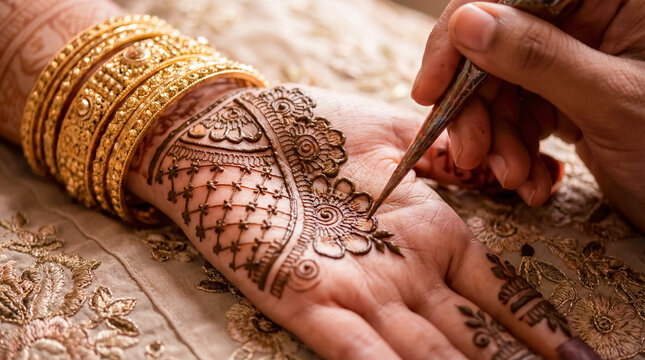 Henna mehendi pattern on woman hand close up traditional indian wedding beauty culture background copy space fashion ornament art bridal jewelry