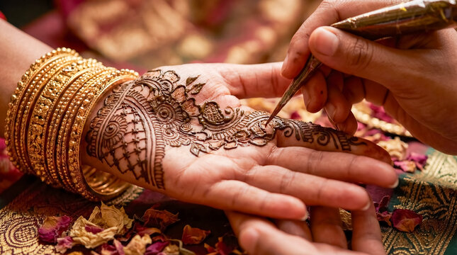 Henna mehendi pattern on woman hand close up traditional indian wedding beauty culture background copy space fashion ornament art bridal jewelry
