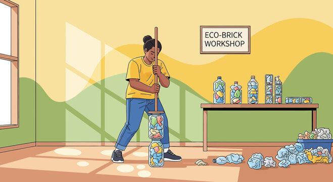 Empowering sustainability: Woman creating eco-bricks at a workshop for environmental conservation