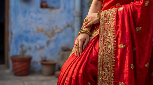 Portrait of indian woman in red saree standing in village traditional fashion culture background copy space beauty lifestyle people heritage