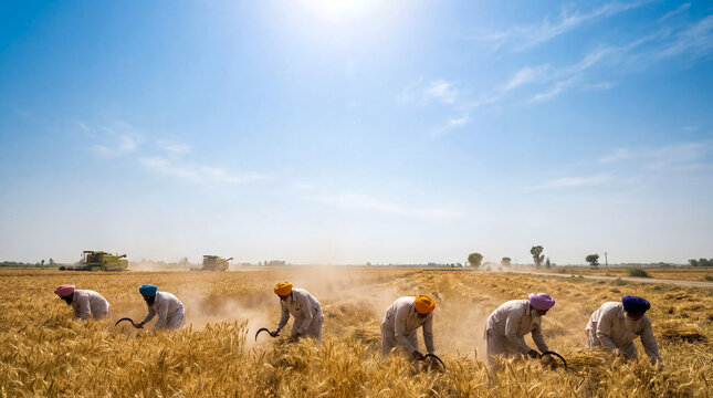 Wheat harvest in Punjab india agriculture landscape background rural farming lifestyle nature copy space food production earth industry worker