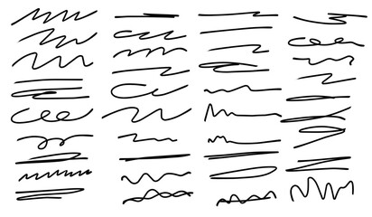 Black hand drawn brush strokes set. Sketched doodle scrawl lines collection. Zig zag, wavy squiggle scribble stripes pack. black marker note signs for mark, emphasis, accent, highlight. Vector