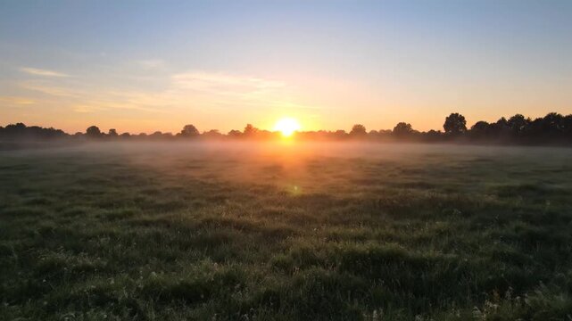 Morning Sun Rising Over Foggy Green Meadow