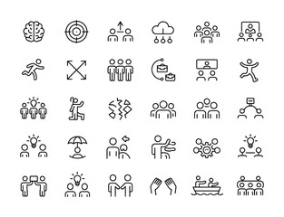 Fototapeta premium Collection of black and white vector icons representing teamwork and collaboration