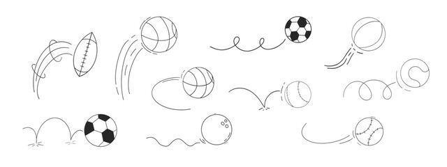 Bounced ball comic manga effect, doodle line hand drawn ball jump trajectory, ball motion expression. Sketch movement.