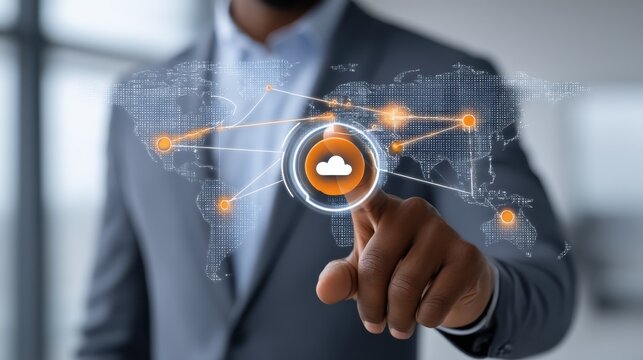 Businessman in a suit touches a glowing cloud icon over a dotted world map, symbolizing global cloud computing, data connectivity, and enterprise digital transformation.