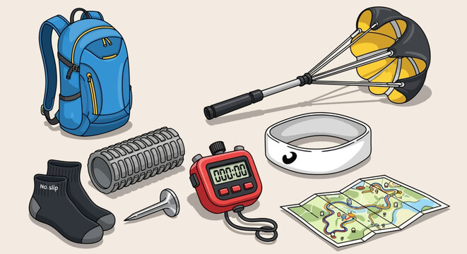 Collection of outdoor adventure and sports gear