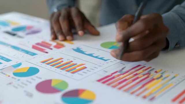 Medium shot of a professional assembling quarterly financial statements at a desk reviewing charts and spreadsheets for accuracy and insights.