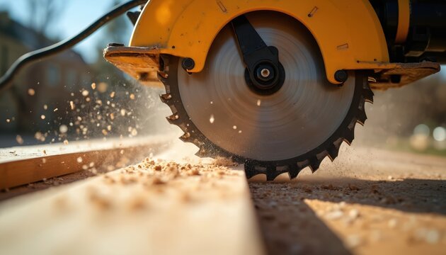 Circular saw cuts wood plank. Saw blade spins creating dust clouds. Wood chips fly, work in progress on construction site. Tool for woodworking and carpentry projects.