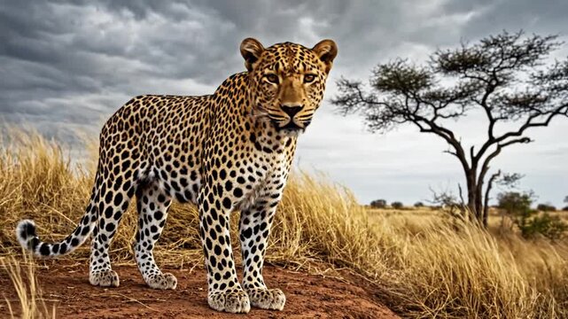 Leopard Standing on Rocky Outcrop in Savanna.
