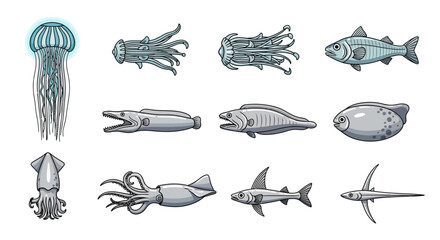 Collection of cartoon sea creatures and fish
