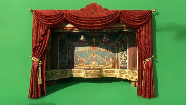 Elegant red velvet stage curtains revealing a miniature theater scene with intricate detailing and dramatic lighting against a green backdrop