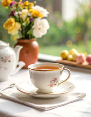 Tea cup with a floral design on a saucer, a teapot, and flowers in a vase on a table