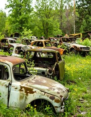 Rusting car graveyard, overgrown with greenery. Nature reclaims machines in a junkyard, full of decay
