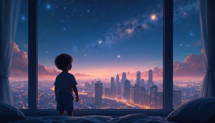 Fototapeta premium Young child watches stars from bedroom window overlooking cityscape at dusk. Boy gazes at night sky filled with celestial bodies and clouds above modern buildings and city lights.