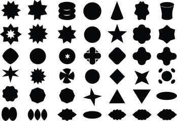 Fototapeta premium Abstract black geometric shapes set featuring stars, circles, and decorative minimal symbolsAbstract black geometric shapes set featuring stars, circles, and decorative minimal symbols