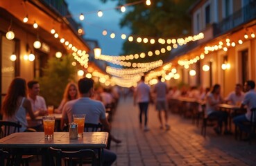 People dine at outdoor cafe tables under string lights at dusk. Lively street restaurant scene with blurred figures enjoying evening meals, drinks with friends, creating warm social atmosphere for